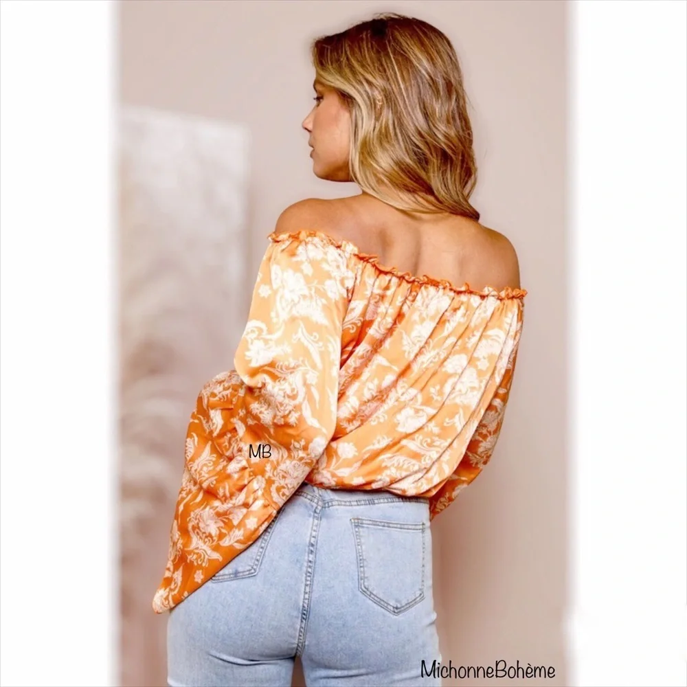 Orange Spring Floral Crop Top Blouse - Picture 3 of 11